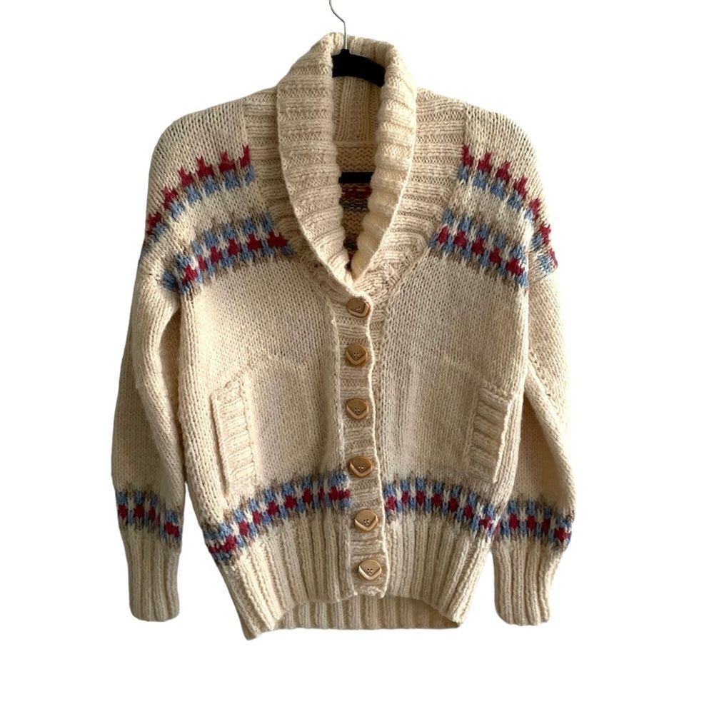 HAND KNIT Wool Chunky Knit Button Front Cardigan Sweater Cream Blue L
